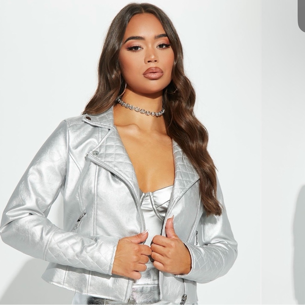 Fashion Nova Metallic Silver Utility Jacket
